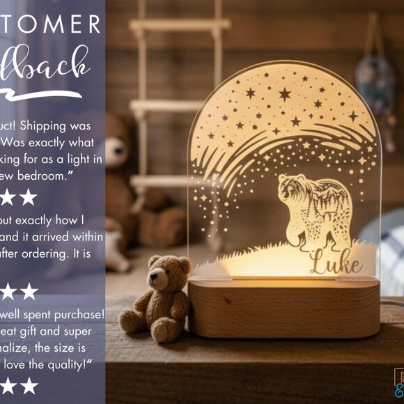 Bear Night Light – Personalized LED Name Lamp for Kids Bedroom - Picture 7 of 8